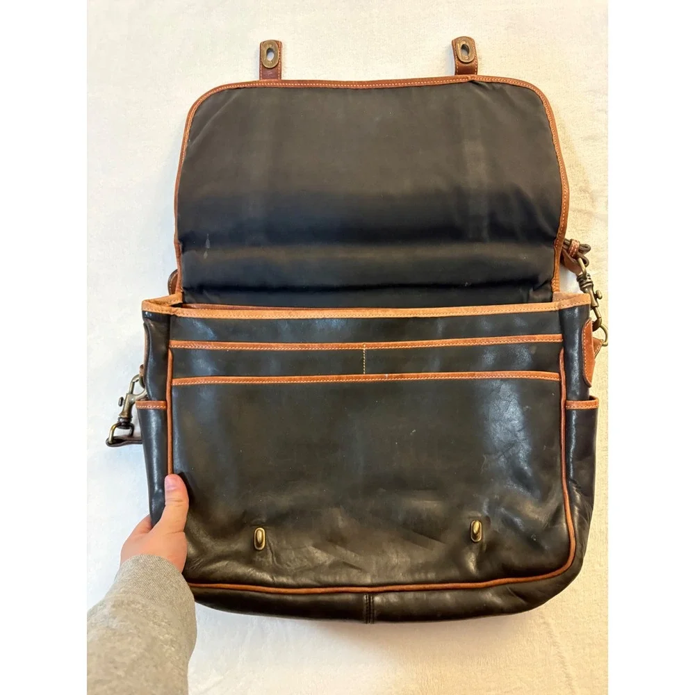 Tusting Made in England Black Tan Leather Messenger Bag Briefcase Laptop Satchel